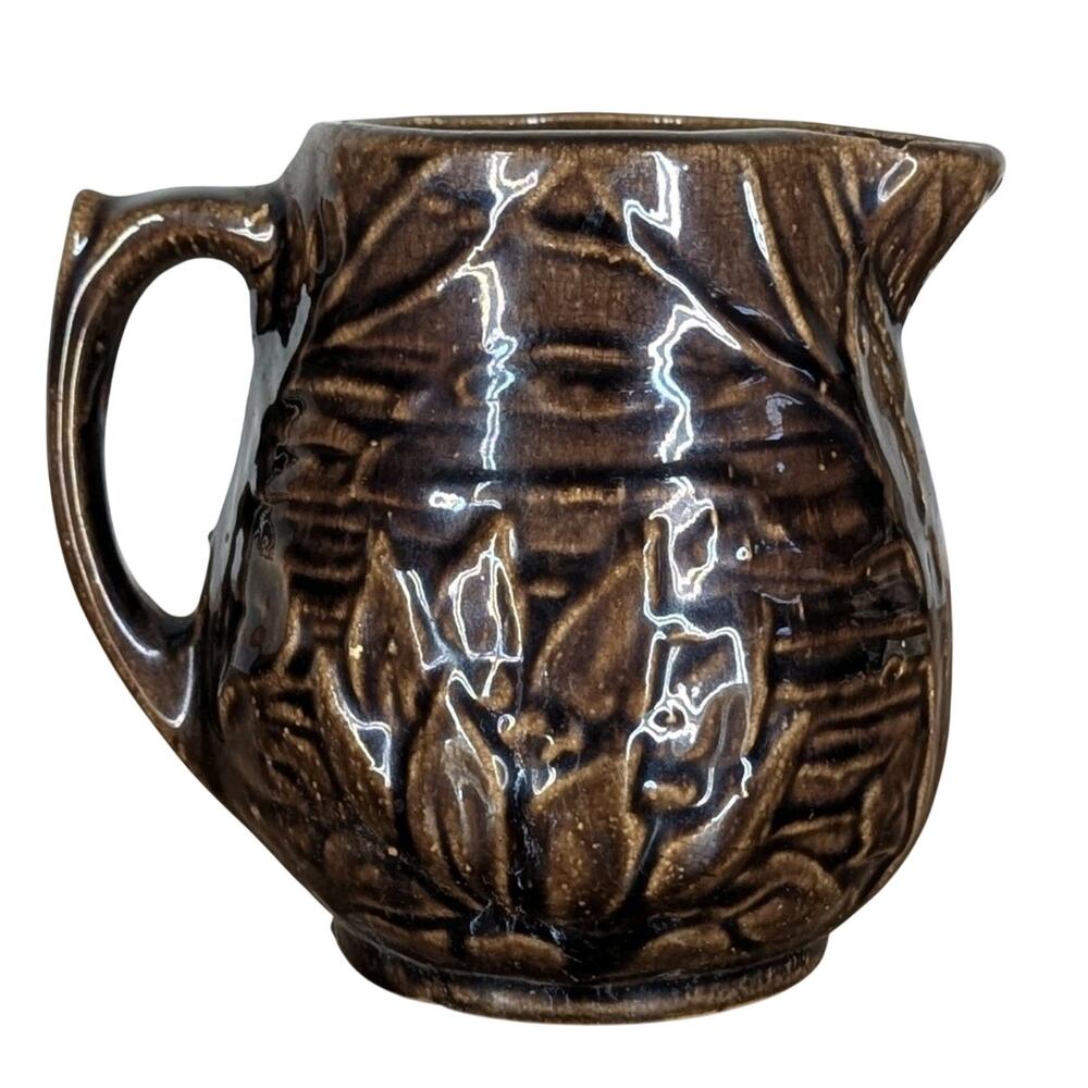 McCoy Water Lily Pitcher Brown Pottery Embossed Design Vintage #124 Made In USA